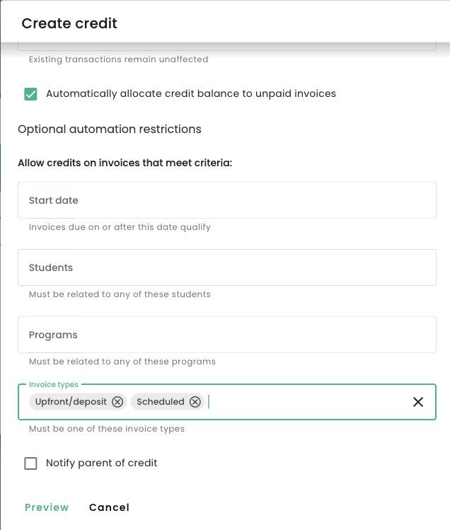 Automatic allocation settings with start date, students, programs and only Upfront/deposit and Scheduled invoice types selected.
