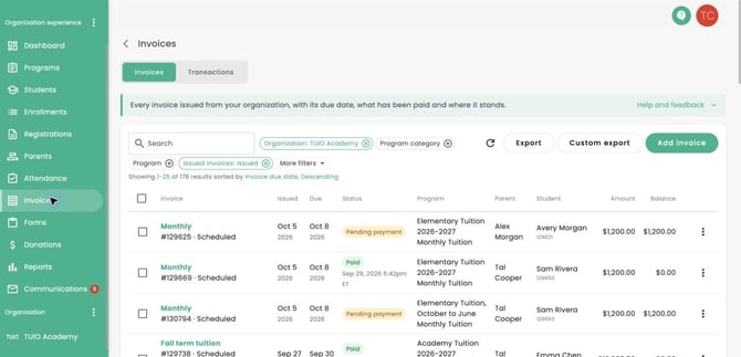 TUIO Academy demo invoice list showing organization filters, More filters and the Export button