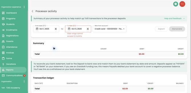 Processor activity report showing Date range cannot exceed 12 months and disabled Generate and Export buttons.