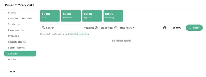 Parent Credits tab in TUIO Academy, with Total, Scheduled, Applied and Remaining balances and the Create button.