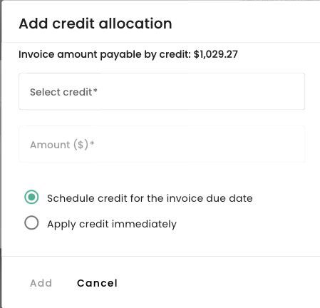 Add credit allocation dialog showing the available invoice amount, credit selector and scheduled or immediate application options.